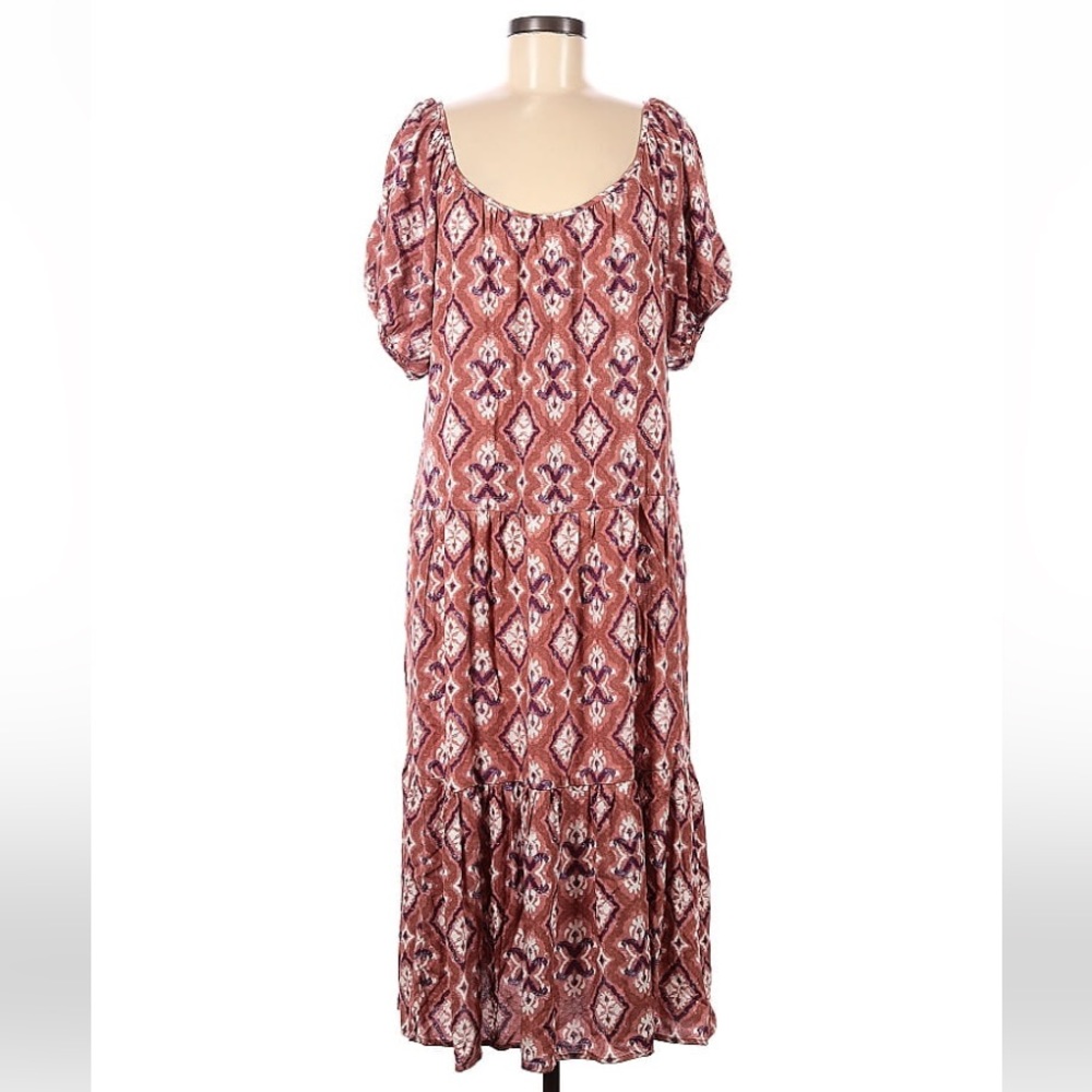 NWT Women’s KNOX ROSE Bohemian Hippie Puff Short Sleeve Tiered A-Line Dress (M)